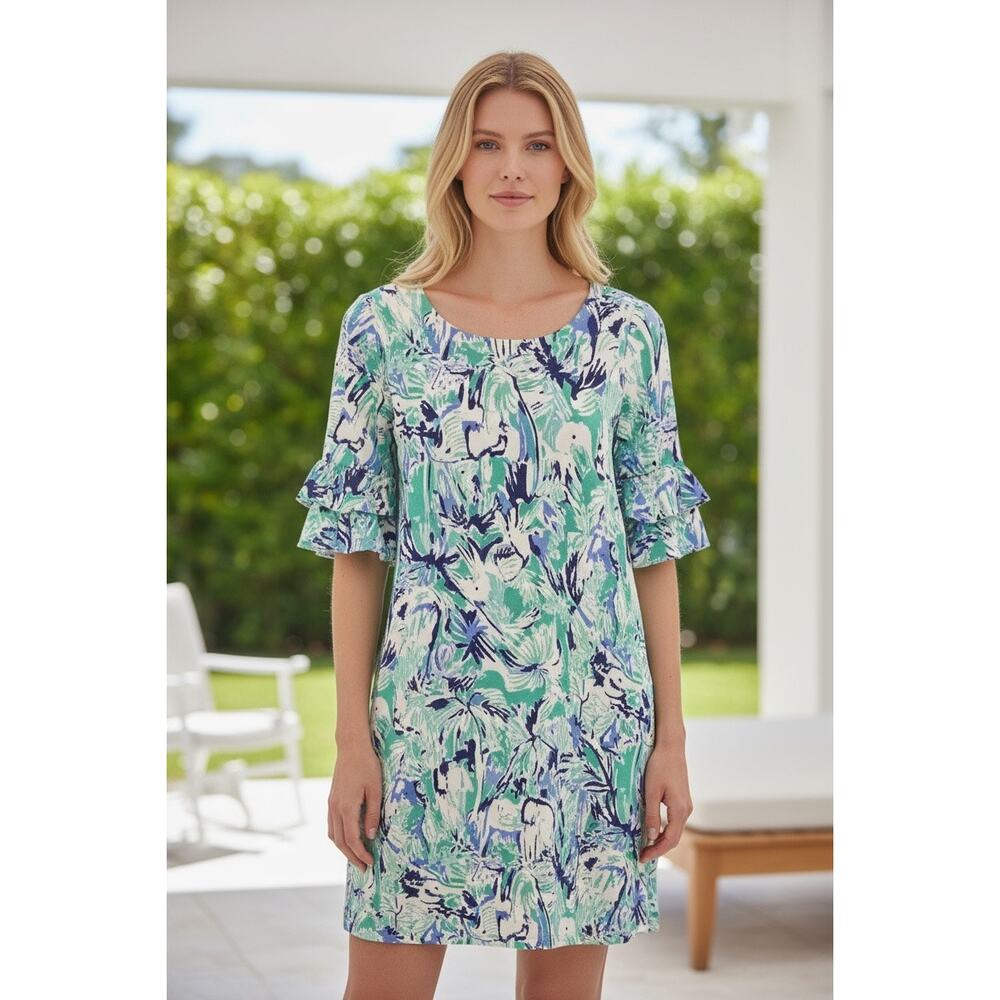 Lilly Pulitzer Women's Size Small Blue Green Elephant Print Short Sleeve Dress